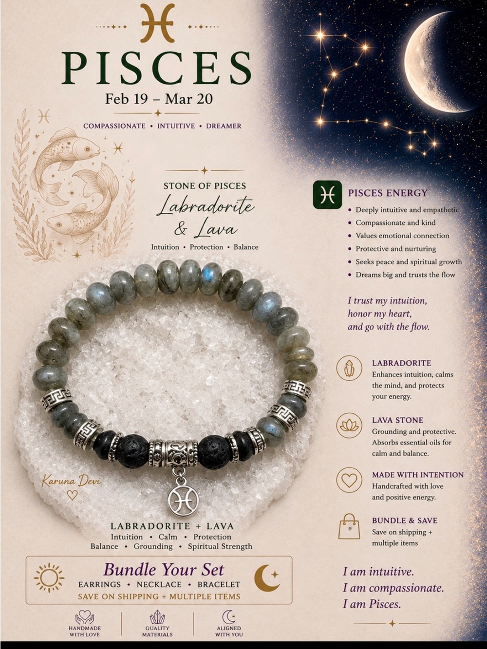Pisces ♓️ Labradorite & Lava Bead Pisces Bracelet - Gray Beaded Stretch Unisex